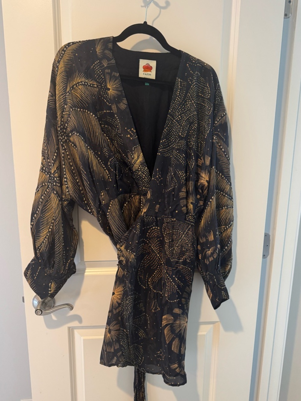 Farm Rio Golden Foliage Black Mini Puffy Sleeve Dress | L - Picture 5 of 8